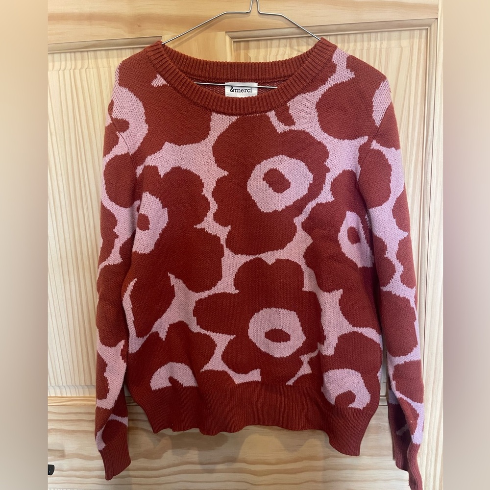 & MERCI Floral brown neutral sweater pullover soft woman’s Large MOD